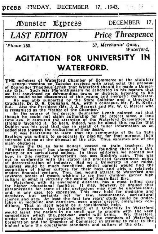 'Agitation for University in Waterford' as published in the Munster Express, December 1943