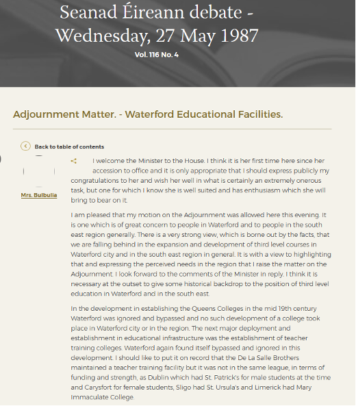 Seanad Éireann debate on a Waterford's educational facilities, May 1987